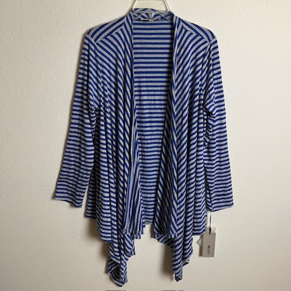 HAANI XL Blue Gray Striped Draped Open Front Lightweight Long‎ Sleeve Cardigan